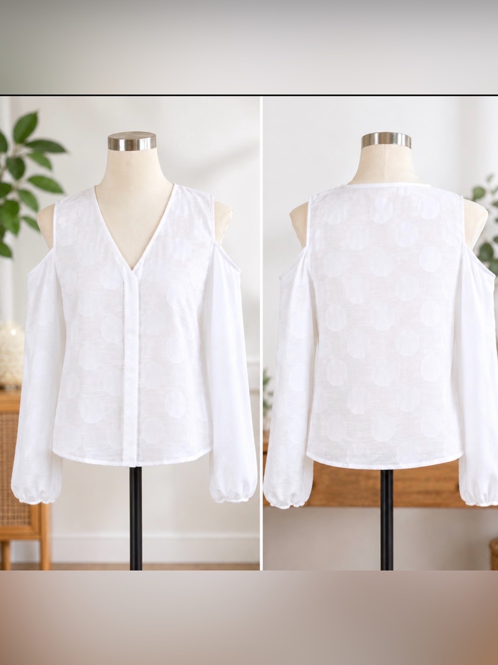 Chico’s White Optic Cold Shoulder Beautiful Blouse, Small.